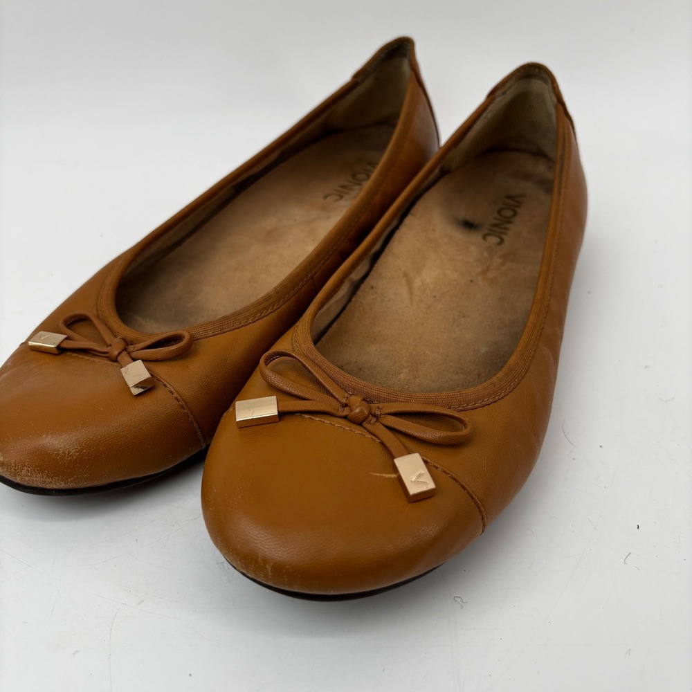 Vionic Minna Tan Leather Ballet Flats Bow Detail Orthotic Support Size 7